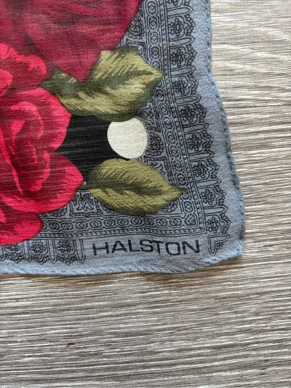 %100 silk Halston Heritage Floral Rose Print Scarf in Red, Green, Gray
